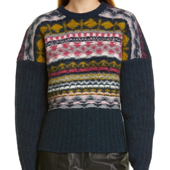 Jason Wu Fair Isle wool blend chunky sweater pink navy blue women new XS X-Small - Picture 1 of 5